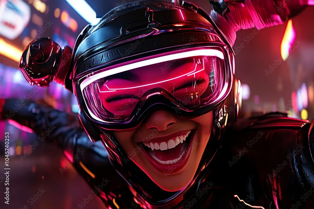 Poster cyberpunk character smiling in a neon-lit city, with glowing lights and futuristic technology symbol