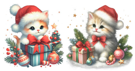 Christmas cat kitten watercolor painting cutout png clipart transparent
