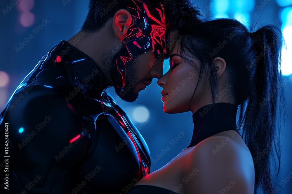Poster cyberpunk couple sharing a moment in a neon-lit city, with futuristic technology and glowing lights 