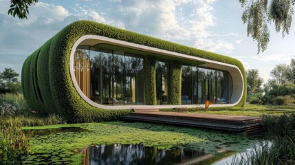Fototapeta premium Modern Green Roof House with Pond and Deck Sustainable Architecture