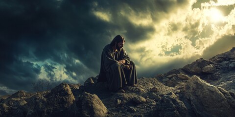 Dramatic image of Jesus in the wilderness during temptation amidst dark clouds and barren landscape, Biblical religious stories, illustrations Christian faith in God