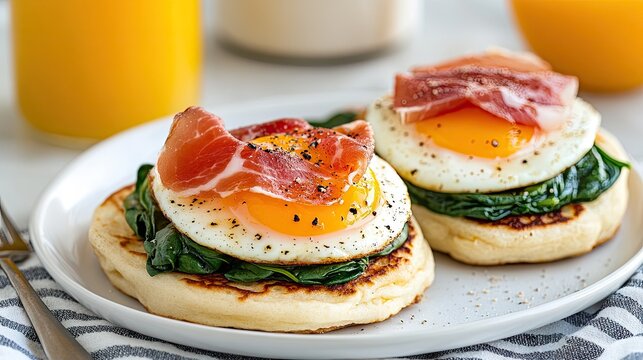 Brightly colored crumpets topped with spinach, prosciutto, and perfectly cooked eggs create a delightful breakfast, accompanied by refreshing orange juice and a stylish table setting