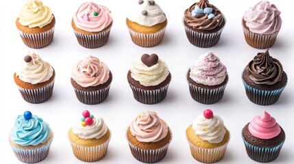 An assortment of colorful cupcakes with various icings and toppings arranged in three rows on a white background.