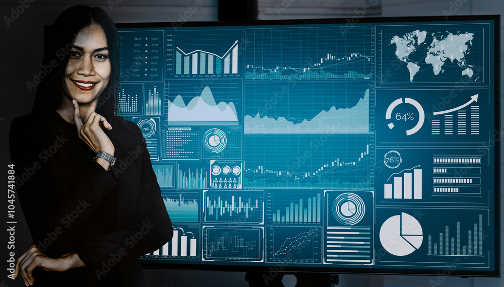 Poster data analysis for business and finance concept. interface showing future computer technology of prof