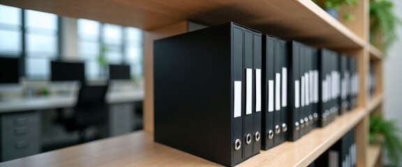 Obraz premium Organized Office Binders on Shelf: A Study in Workplace Efficiency