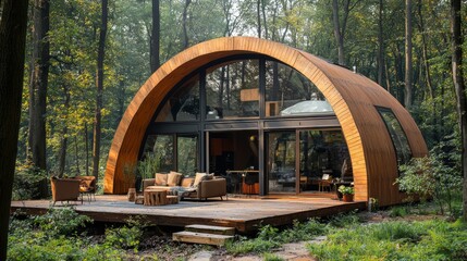 Modern Wooden Cabin Retreat in Forest Setting with Patio and Large Windows