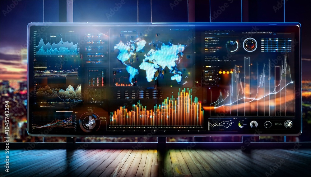 Poster global data visualization: a panoramic view of a digital dashboard with glowing data visualizations 