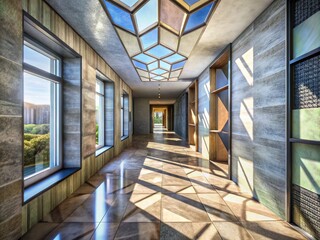 Obraz premium Hallway with Geometric Shapes - 3D Illustration for Modern Interior Design Inspiration