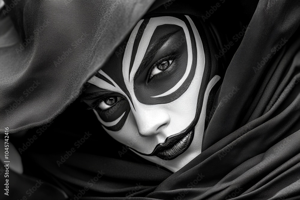 Aufkleber dark, gothic figure offering a smile of kindness, with deep shadows and soft light showing the contr