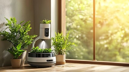 Futuristic robot with built in spray arm standing by a window automatically watering indoor potted plants with a high tech gardening solution