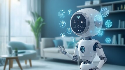 Futuristic Robot Using Voice Commands to Adjust Room Temperature with Hovering Virtual Icons and Smart Home Technology Interface