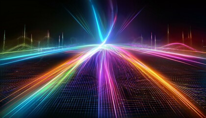 Neon Trails of Innovation: Abstract digital art depicting vibrant, colorful light trails converging towards a central point, symbolizing technological advancement and interconnectedness.