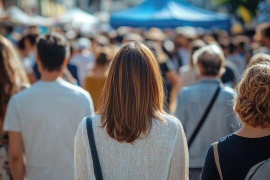Many people walking at the street festival, shot from behind People of different ages and body shapes on a busy city square during a summer day Generative AI