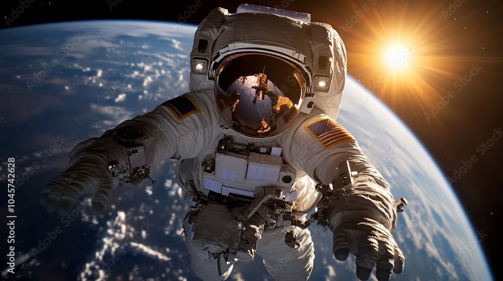 Poster astronaut floating in space with earth and the sun in the background.