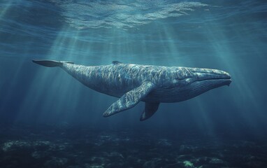 Fototapeta premium A solitary Kutchicetus ventures into the enigmatic, shadowy depths of the ocean, its keen senses guiding it through the unfamiliar terrain