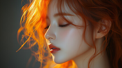 A young woman with vibrant orange hair skillfully poses in soft lighting, capturing a serene moment of tranquility and beauty