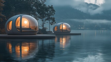 Modern Futuristic Domes on a Tranquil Lake at Dusk