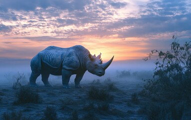 Fototapeta premium Silhouette of a powerful rhinoceros against a vibrant sunrise sky with misty landscape, symbolizing strength and wilderness conservation