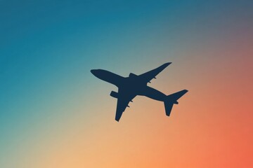 The silhouette of an airplane flies gracefully through a vibrant sky at sunset, evoking a sense of exploration and wonder in travel. Generative AI