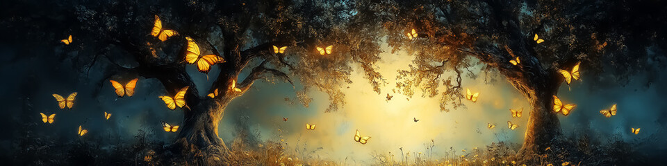 Fototapeta premium Magical enchanted forest with glowing butterflies and ancient trees, perfect for wall art, posters, and serene nature-themed decoration.