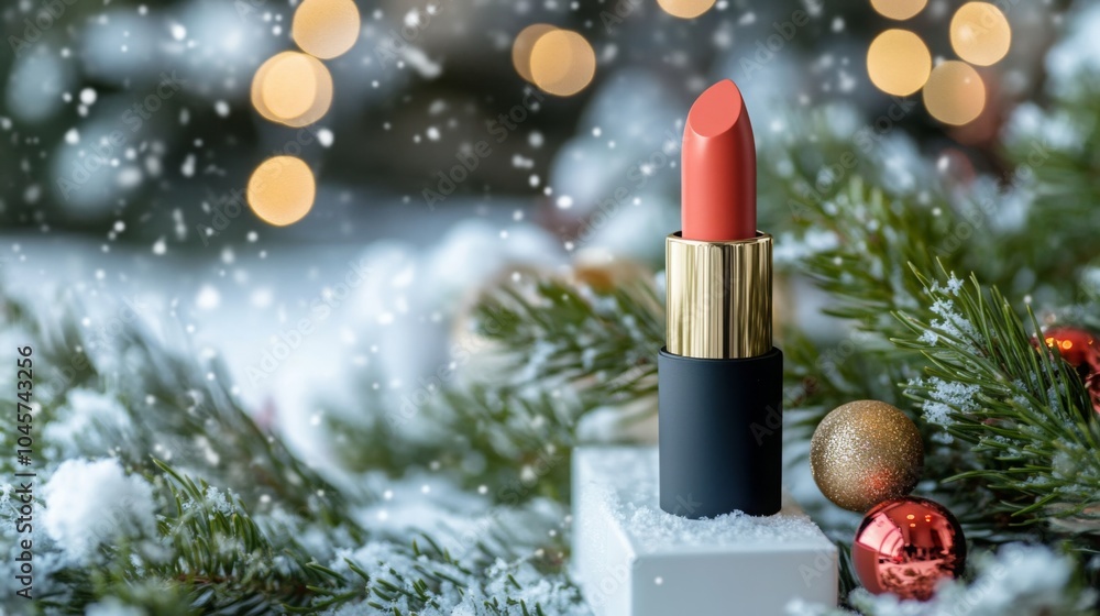Poster a coral lipstick sits upright on a white surface. behind it are snow-covered pine branches with red 