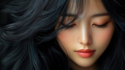 Fototapeta premium A young Korean woman with long flowing black hair and serene expression in a soft light setting