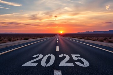 the road to success - 2025 year number on the asphalt, sunrise in the new year