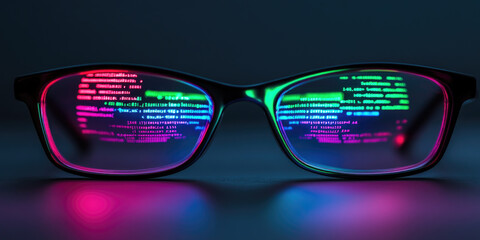 Colorful code reflections on glasses representing technology and innovation