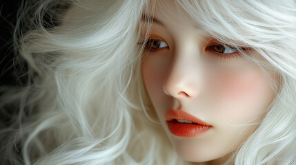 Fototapeta premium A close-up profile of a person with flowing white hair and soft makeup, taken indoors with natural light highlighting delicate features