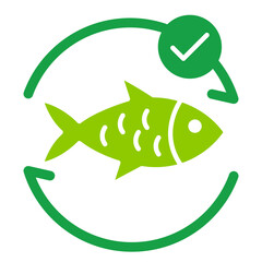 Vector icon of sustainable seafood. Green fish with a check mark, symbolizing responsible fishing and eco-friendly seafood. 