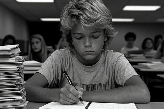 Focused student writing in classroom with notebook and pen