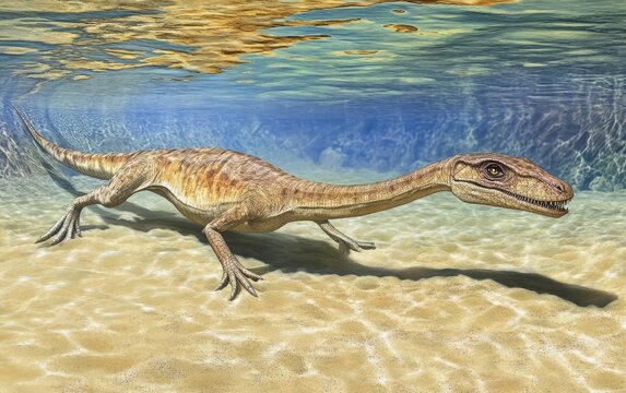 A Tanystropheus reptile emerges from the serene, mist-shrouded waters of a secluded, primeval lagoon, its long, sinuous form and piercing gaze commanding an awe-inspiring presence in the untamed