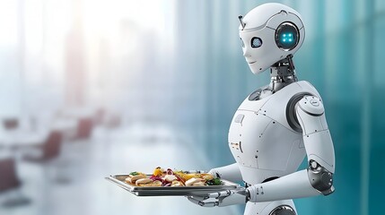 Fototapeta premium Humanoid assistant robot carrying a tray of food from the kitchen to the dining area showcasing advanced technology for household tasks and autonomous home services