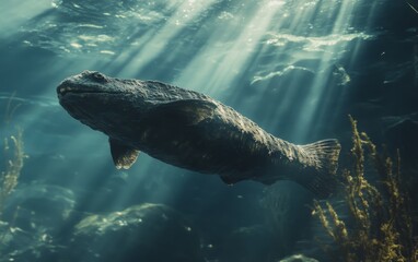 Fototapeta premium Two Tullimonstrum engage in a fierce, ritualistic confrontation, their powerful frames and razor-sharp appendages clashing as they vie for dominance within the ancient, untamed waters they call home
