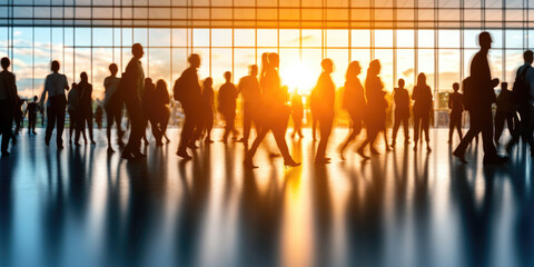 Fototapeta premium Silhouetted crowd in modern building with sunset background