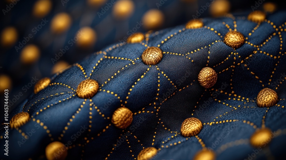 Poster a close-up of textured fabric featuring golden dots and intricate stitching patterns.
