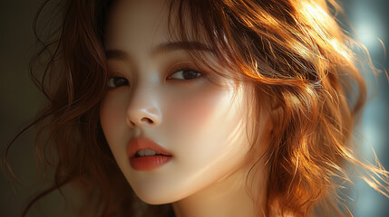 Fototapeta premium A close-up portrait of a young Korean woman featuring soft lighting and natural curly hair in an intimate indoor setting during the afternoon