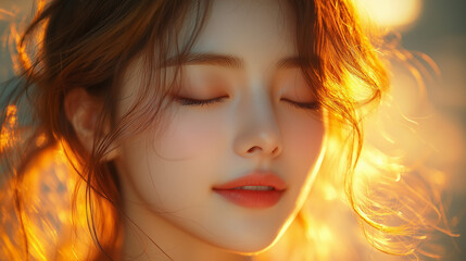 A Korean woman enjoying a peaceful moment outdoors with sunlight highlighting her serene expression during golden hour
