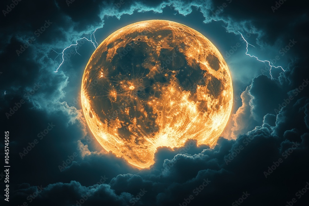 Poster a dramatic full moon surrounded by clouds and lightning, creating an atmospheric scene.