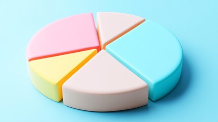 Obraz premium A visually appealing 3D pie chart with soft edges, featuring pastel slices. Ideal for business presentations and data visualizations, enhancing clarity and style.