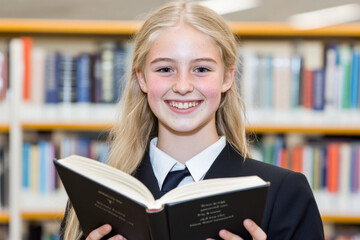 Smiling student in library holding book with shelves in background