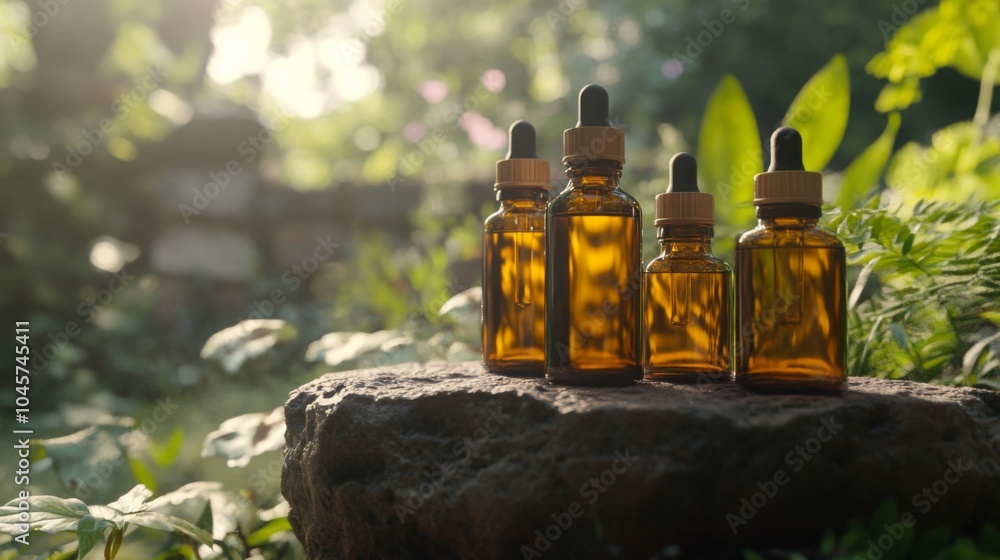 Poster four amber bottles with droppers are arranged on a rock in a garden with green plants and sunlight.