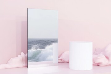 Minimalist Display with Ocean Reflection on White Podium Against Pastel Pink Background