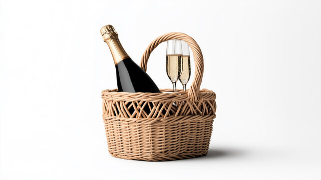 Elegant champagne picnic basket with glasses and bottle, perfect for outdoor celebrations, romantic events, and luxury lifestyle projects representing sophistication, relaxation, and celebratory