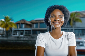 Fototapeta premium Smiling woman in white t-shirt with tropical background