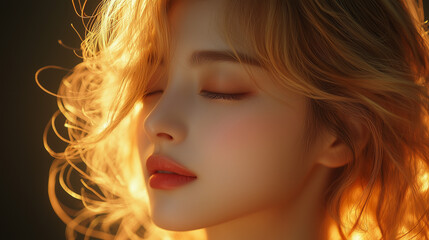 Fototapeta premium A woman with flowing blonde curls enjoys the warm glow of sunset light in a tranquil setting, capturing a moment of serenity and beauty