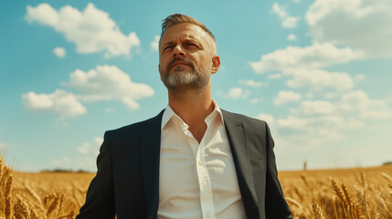 Confident Business Leader in Golden Wheat Field.