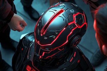 Futuristic depiction of a worker facing unfair treatment in a high-tech office, with advanced digital tools being misused to favor others