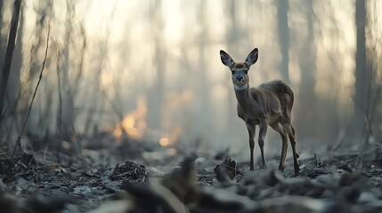 Malnourished deer walking slowly through an empty desolate forest surrounded by decaying vegetation and a melancholy atmosphere depicting the plight of wildlife struggling to survive