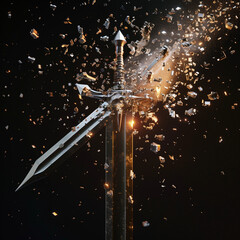 Naklejka premium Radiant Sword with Exploding Golden Shards and Glow 